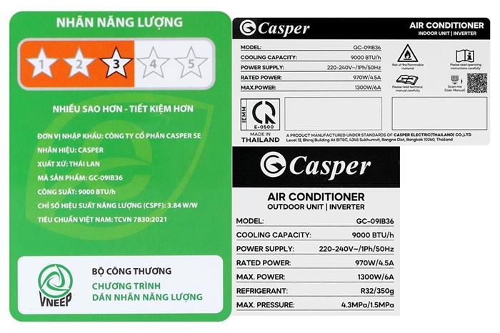 Điều hòa Casper Inverter 9000 BTU 1 chiều GC-09IB36 - Model 2025